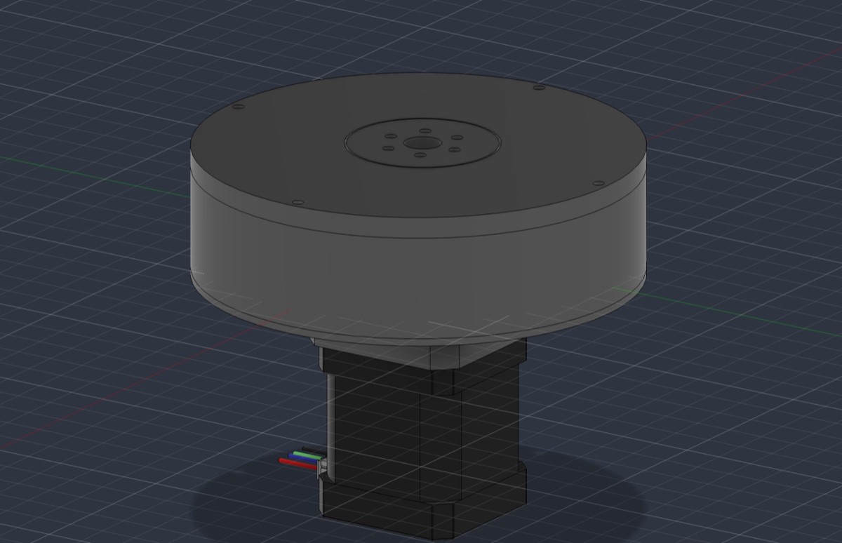A CAD render of a round cycloidal gearbox sitting on top of a stepper motor.