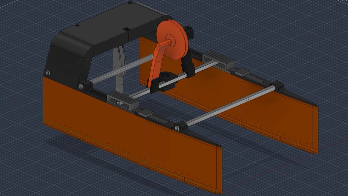 A Fusion 360 CAD model of EcoFloat V3 on a blue grid: two orange hulls, a black electronics cover, metal crossbars, and an orange winch spool.