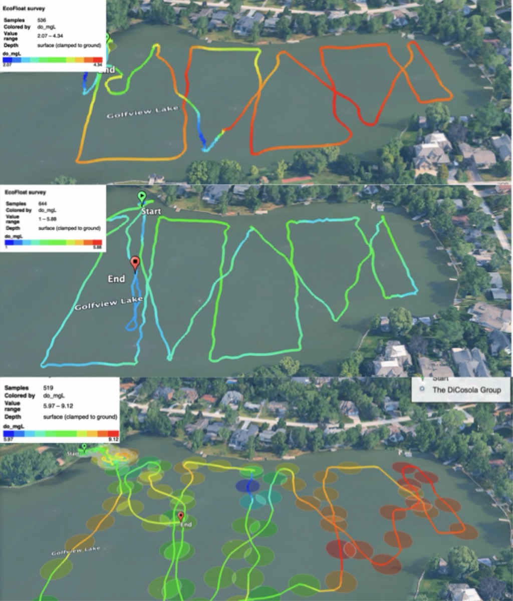 Three aerial maps of Golfview Lake stacked on top of each other, each showing the boat's back-and-forth survey path colored by dissolved oxygen level.
