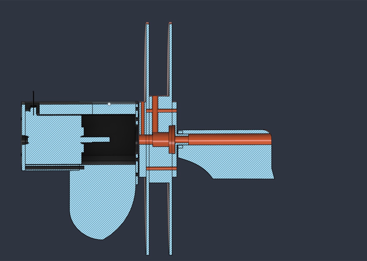 A Fusion 360 section view of the winch cut in half: the motor housing on the left, the two spool flanges in the middle, and the axle on the right, hatched in light blue with the orange slip ring and internal parts inside.